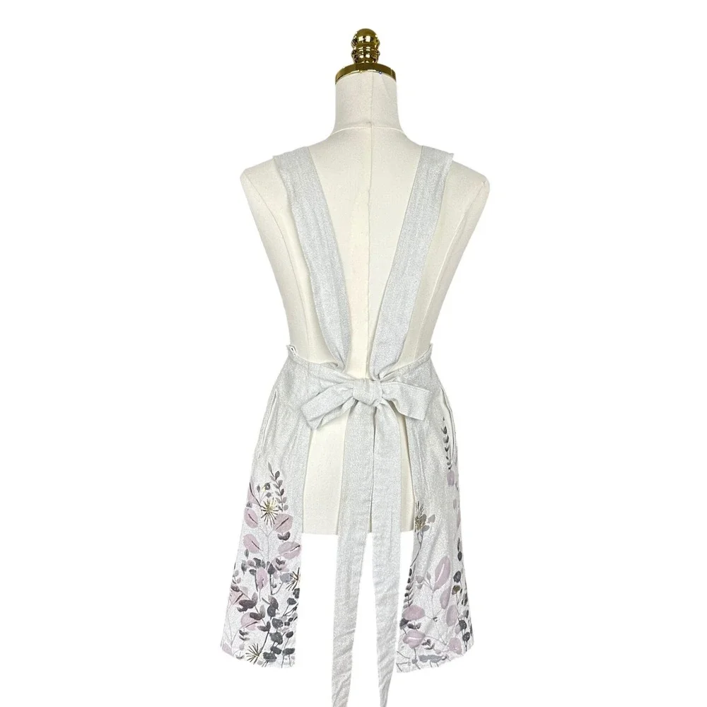 Anthropologie Silver‎ Metallic Botanical Floral Cross Back Kitchen Apron Purple